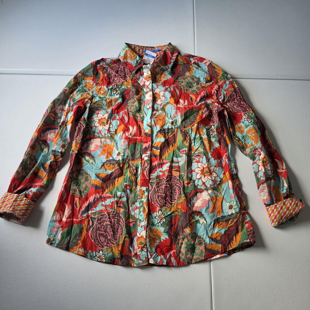 J. McLaughlin Button Up Shirt Womens Large Red Multi Terra Blossom Floral Top